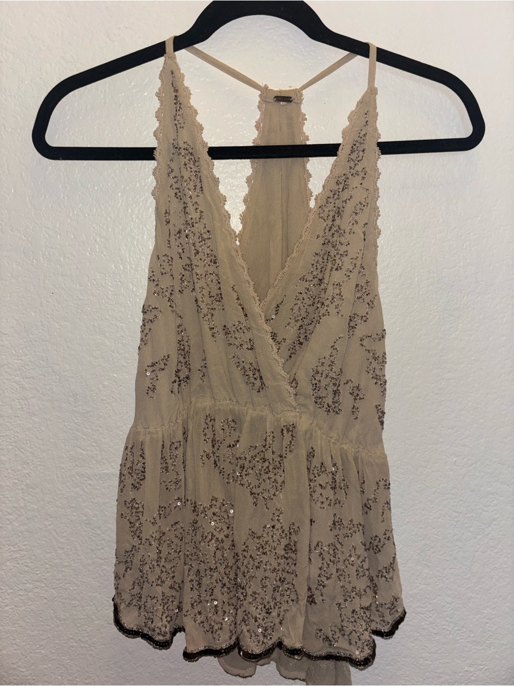 Unique Vintage Free People Sequin Trim Embellished Beaded Cinched Waist Camisole